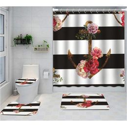Shower Curtains Nautical Anchor Curtain Sets Non-Slip Rug Toilet Lid Cover Bath Mat Black White Stripe Flowers Bathroom 12 Hooks