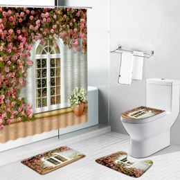 Shower Curtains Garden Background Wall Flower Plant European Style Scenery Curtain Set Rural Landscape Bathroom Bath Mat Toilet Cover Rug