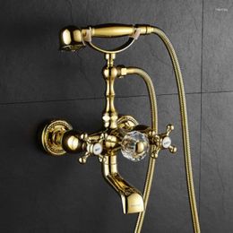 Bathroom Sink Faucets Wall-mounted Shower Set Antique Solid Copper Faucet Gold Blue And White Porcelain Bathtub W