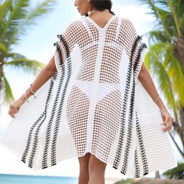 Stripped Beach Cover Up for Women Summer Swimsuit Coverups White Fishnet Cardigan Beachwear Sexy Bathing Suit Dress 240508