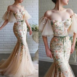 Sexy Mermaid Evening Gowns Lace Appliques Off The Shoulder Prom Dress Sweep Train Custom Made Specail Robes De Soiree 319L