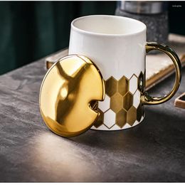 Mugs Geometric Ceramic Gold Mug With Lid Spoon Home Flower Tea Milk Coffee Hand Cup Drinkware Coffeeware Teaware Birthday Gift