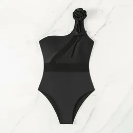 Women's Swimwear Sexy 3D Black Flower Swimsuit One Piece Shoulder Skew Collar Perspective Bikini Bodysuit Women Biquini Thong Bathing Suits