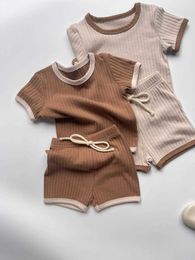 Clothing Sets Summer New Baby Short sleeved Casual Set Baby Boys and Girls Solid Ribbon T-shirt+Shorts 2-piece Cotton Breathable Preschool SetL240513
