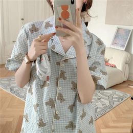 Home Clothing Cute Bear Plaid Pajamas Women's Spring And Summer Short Sleeve Cardigan Loungewear Two-piece Set For Students
