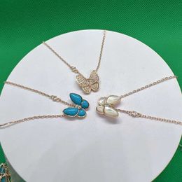 Designer Jewellery Luxury Vanca Accessories High Version Clover Butterfly White Full Diamond Blue Necklace 18k Rose Gold Lock Bone Live