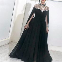 Black Evening Dresses High Neck Caped Crystals Chiffon Dubai Kftan Saudi Arabic Long Evening Gown Prom Dress 207N