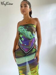 Hugcitar Women Fashion Mesh Strapless Print Bandage Sexy Crop Tube Top Maxi Skirt 2 Pcs Sets Summer Beach Vacation Outfit 240513
