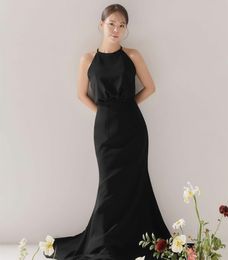 Elegant Long Black Crepe Gothic Wedding Dresses Mermaid Modern Halter Korean Vestido De Noiva Watteau Train Bridal Gowns for Women