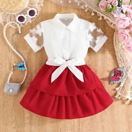 Clothing Sets Set For Kid Girl 2-7Years old Lace Sleeve Button Blouse Skirt Summer Outfit Toddler Infant Clothing Kids Wear OotdL2405