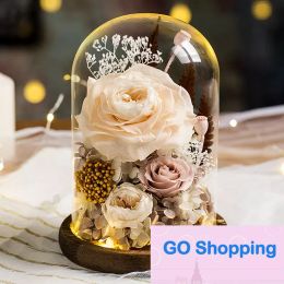 High-end Eternal Flower Handmade Preserved Real Rose Glass Cover Holder Immortal Flowers Valentines Day Birthday Gifts Wedding Supplies