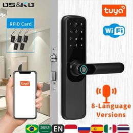 Tuya Wifi Electronic Smart Door Lock With Biometric Fingerprint Smart Card Password Key Unlock USB Emergency Charge 240422