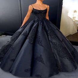 Black Spaghetti Straps Satin Ball Gown Evening Dresses Sleeveless Lace Appliques Backless Prom Quinceanera Dresses Plus Size Gowns ED12 238P