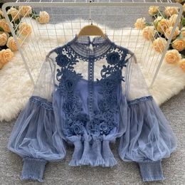 Women's Blouses See Through Mesh Lace Women Blouse With Lining Elegant Embroidery Floral Lantern Sleeve Slim Short Tops Ladies Sexy Shirts