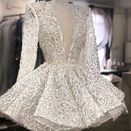 Real Image Lace Cocktail Dresses Long Sleeves Beaded Mini Skirt Short Prom Gowns Deep V Neck Celebrity Dress 2716