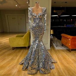 Sparkly Sequin Silver Mermaid Prom Dresses Long Sleeve Arabic Evening Dress Dubai Long Elegant Women Formal Cocktail Party Gala Gowns 266p