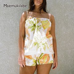 Women's Tracksuits Maemukilabe 2 Piece Beach Outfits Floral Papaya Print Sleeveless Camisole Crop Tops Wide Leg Shorts Matching Sets Holiday