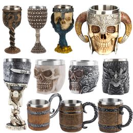 500ml Viking Wood style Beer Mug Christmas Gift Simulation Wooden Barrel Cup Double Wall Drinking Metal Insulated 240509