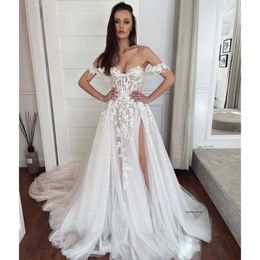 2024 Bohemian Western Country A Line Wedding Dresses Sexy Off The Shoulder Illusion Lace Appliqued Vintage Sequined Bridal Gowns Thigh Split Tulle Robes de 0513