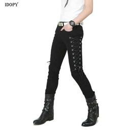 Men's Pants Idopy Fashion ultra-thin fitting pants steam punk black patch work leather lace up dance nightclub Gothic button jeans mens tight fitting jeansL2405