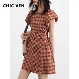 Party Dresses CHIC VEN Korean Style Women A-line Retro High Waisted Design Plaid Bubble Sleeve Girl Dress Drawstring Woman 2024 Trend