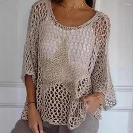 Women's Blouses Flattering Cutout Top Stylish Crochet Tops O-neck Fishnet Knit Blouse V-neck Sweater Pullover Summer For Fashionable