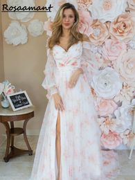 Print Flower Wedding Dresses V-Neck Appliques Off The Shoulder A-Line Beach Bridal Dress Plus Size Princess Wedding Gowns