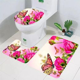 Bath Mats CLOOCL Toilet Mat Set Pretty Floral Rose Butterfly 3D Printed Floor Rugs Rug Bathroom Shower Carpet Cushion 40x60cm