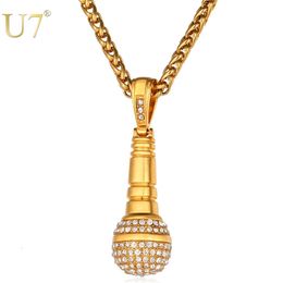 U7 Ice Out Chain Necklace Microphone Pendant MenWomen Stainless Steel Gold Colour Rhinestone Friend Jewellery Hip Hop P1018 240429