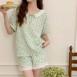 Home Clothing 2024 Summer Women Pajamas Cotton Gauze Sleepwear Female 2 Piece Set Short Sleeved Shorts Nightwear Doll Collar Pyjamas