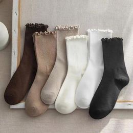 Women Socks 6 Pairs/Lot Ruffled Solid Color Soft Cotton Middle Tube Coffee Stockings Comfort Sweat Absorbing Girls'