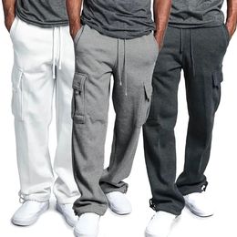 Mens Fleece Cargo Pants Loose Drawstring Sweatpants with Pockets Sports Straight Trousers Jogging Long Pants Hip Hop Streetwear 240513