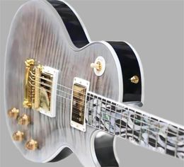 Promotion! Limited Run Crimson Ice Gray Figured lp Electric Guitar 3 Piece Flame Maple Neck, Fire Inlay, Grover Imperial Tuners, Gold Hardware