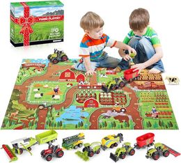 oriate oriate farm dractor toys مع حصيرة نشاط حيوانات المزرعة ، 38 قطعة تعليمية واقعية واقعية DIY DIECAST