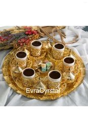 Cups Saucers Amazing Turkish Greek Arabic Coffee & Espresso Cup Set 27 PC.6 Stir. Silver Gold Filigree Embroidered Set-Fincantk