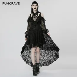 Casual Dresses PUNK RAVE Women's Gothic Irregular Hem Lace Slim Fit Dress Sexy Off-the-shoulder Slit Sleeves Light And Flow Black Long