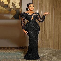 Aso Ebi Arabic Plus Size Evening Dresses Black Luxurious Mermaid Prom Dress Lace Beaded Tassel Sheer Neck Formal Party Second Reception 239I