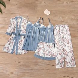 Home Clothing Silky Satin Pyjamas 5-piece Women's Pyjama Set With Flower Print Lace-up Waist Detachable Chest Pads For Women