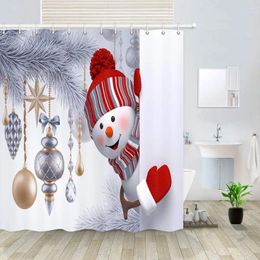 Shower Curtains Christmas Snowman Looking Out With Tree Hanging Ornaments Balls Holidays Bathroom