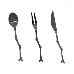 Dinnerware Sets 3pcs Spoon Fork Set Stainless Steel Vintage Flatware Tree Branch Fruit Cutlery For Home Restaurant (Black)