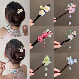 Hair Clips Classical Winding Flower Hairpin Handmade Elegant Hanfu Headwear Chinese Style Pearl Tassel Wooden Stick Girl