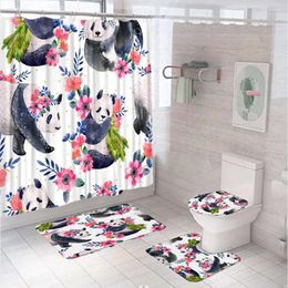 Shower Curtains Funny Cute Panda Curtain Set Animal Watercolour Flower Fabric Kid Bathroom Non-Slip Bath Mat Rug Lid Toilet Cover