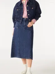 Skirts Women Blue Denim Skirt A Line Cotton Spring Summer 2024 Double Pockets Splicing Female High Waist Midi Jupe