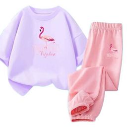 Clothing Sets Girls summer flamingo clothing set childrens short sleeved fashionable Tshirtmosquito repellent pants 2piece set childrens cartoon song setL