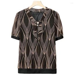 Women's Blouses Female Clothing Wave Printed V-Neck Shirt Bandage Summer Short Sleeved Diamonds Chic Pearl Three-dimensional Decoration