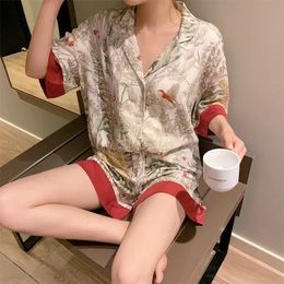 Summer Women Pajama Set Short Sleeve Pajamas for Woman Stain Silk Fashion Luxury Pijamas Flowers Bird Print Lapel Sleepwear 240510