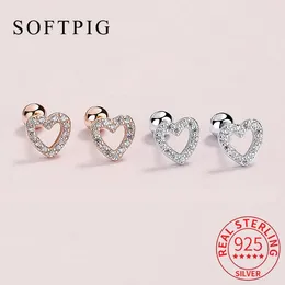 Stud Earrings SOFTPIG Real 925 Sterling Silver Zircon Hollow Heart Screw Bead For Women Cute Fine Jewelry Accessories