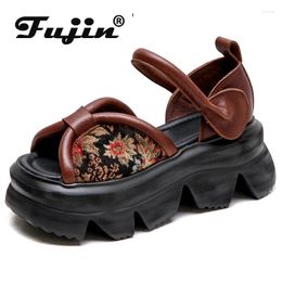 Sandals Fujin 7cm Chunky Sneakers Elastic Moccasins Fashion Natural Shoes Stretch Fabric Women Genuine Leather Platform Flats