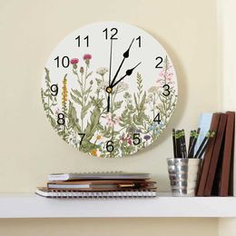 Wall Clocks Plant Flowers Leaves Retro Decorative Round Wall Clock Arabic Numerals Design Non Ticking Bedrooms Bathroom Large Wall Clock