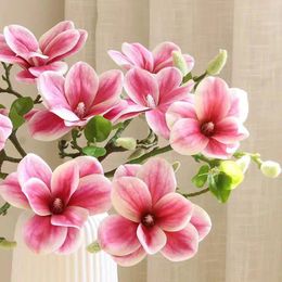 Decorative Flowers Pink Magnolias Artificial In Glass Vase With Faux Water 22.4" Real Touch Stems Silk Magn